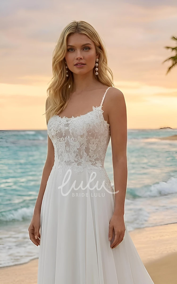 Bohemian Lace A-Line Wedding Dress Beach Spaghetti Chiffon Bridal Gown with Open Back