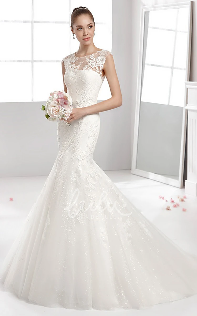 Mermaid Lace-Applique Wedding Dress with Jewel-Neck and Pleated Train