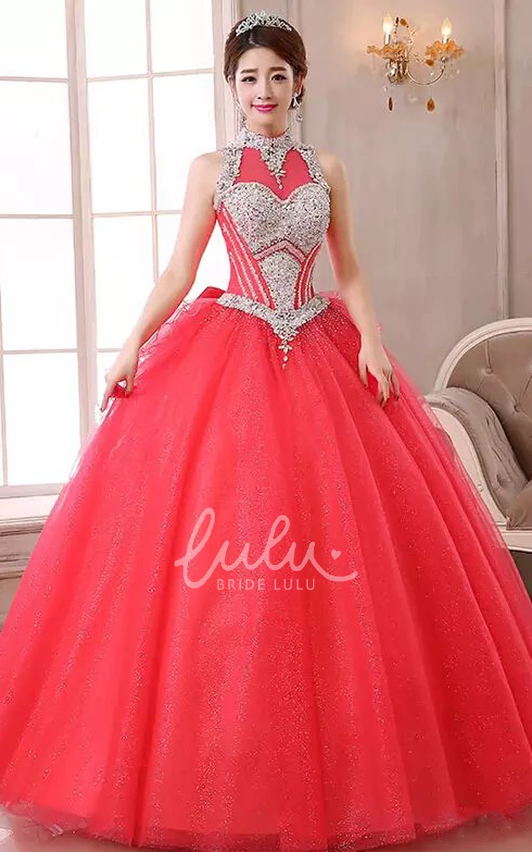 Ball Gown Organza Tulle Prom Dress with Beading and Ruffles Sleeveless and High Neck