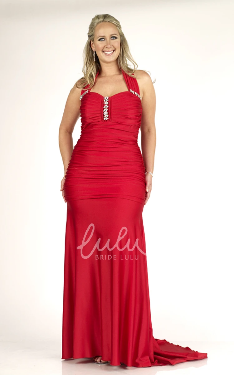 Halter Sleeveless Jersey Sheath Formal Dress with Ruching and Broach Sweep Train