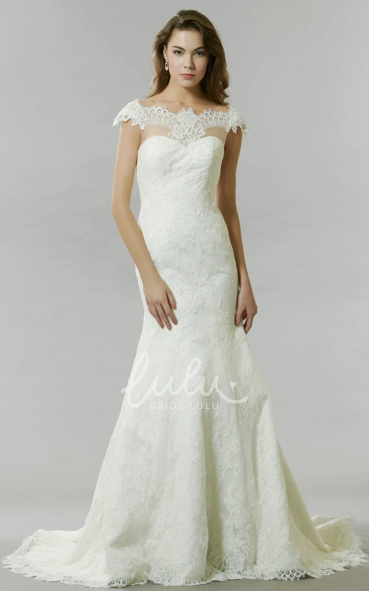 Lace Appliqued Cap Sleeve Wedding Dress with Court Train Elegant Bridal Gown