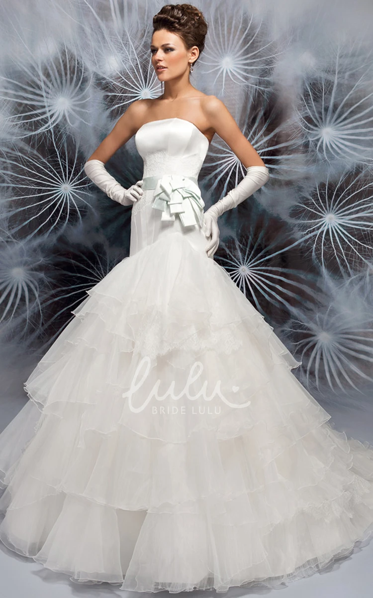 Satin&Tulle Tiered Strapless Wedding Dress with Lace and Bow Floor-Length