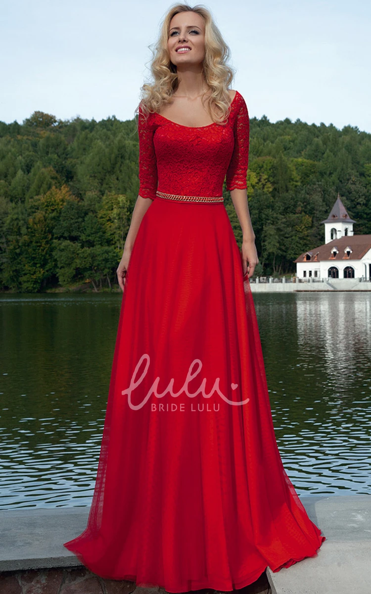 Lace & Chiffon Floor-Length Prom Dress Half-Sleeve A-Line Scoop Neck