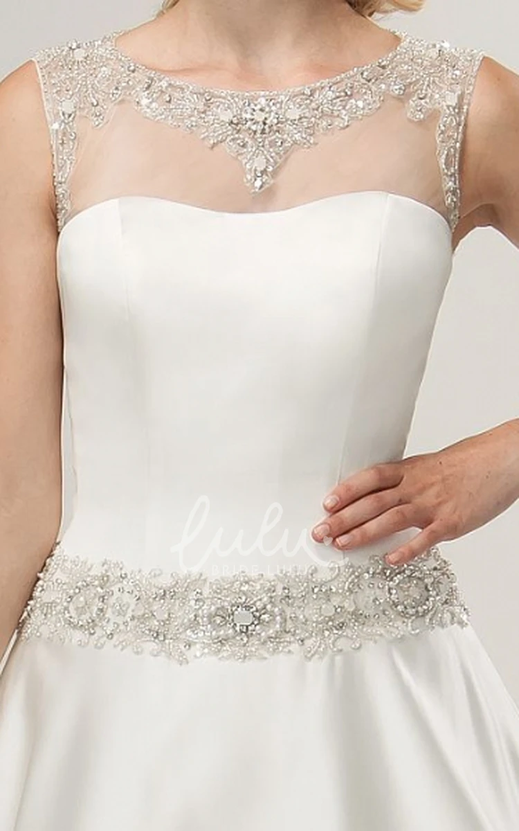 Satin Scoop-Neck Wedding Dress with Beaded Sleeveless A-Line Design Elegant and Modern