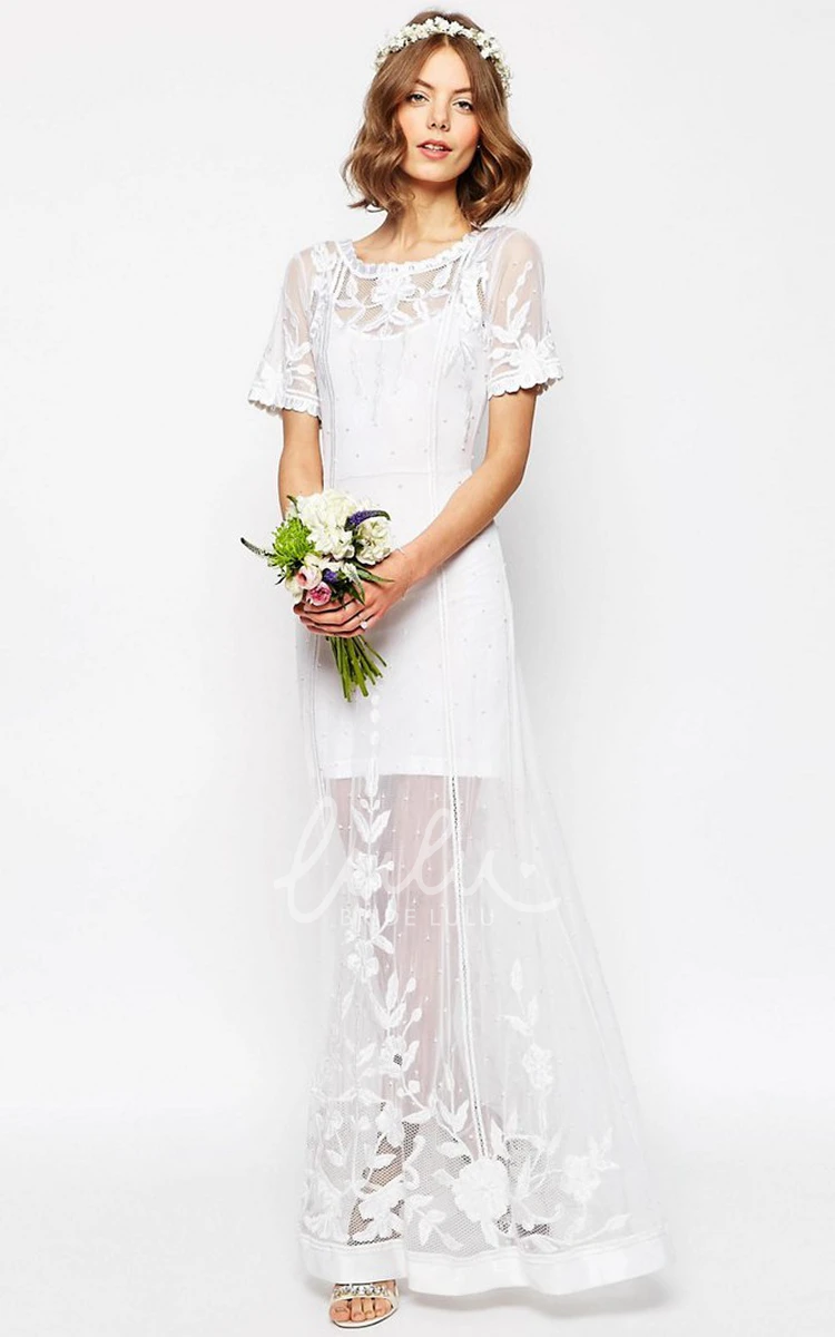 Short-Sleeve Sheath Tulle Wedding Dress Embroidered V-Back Bridal Gown