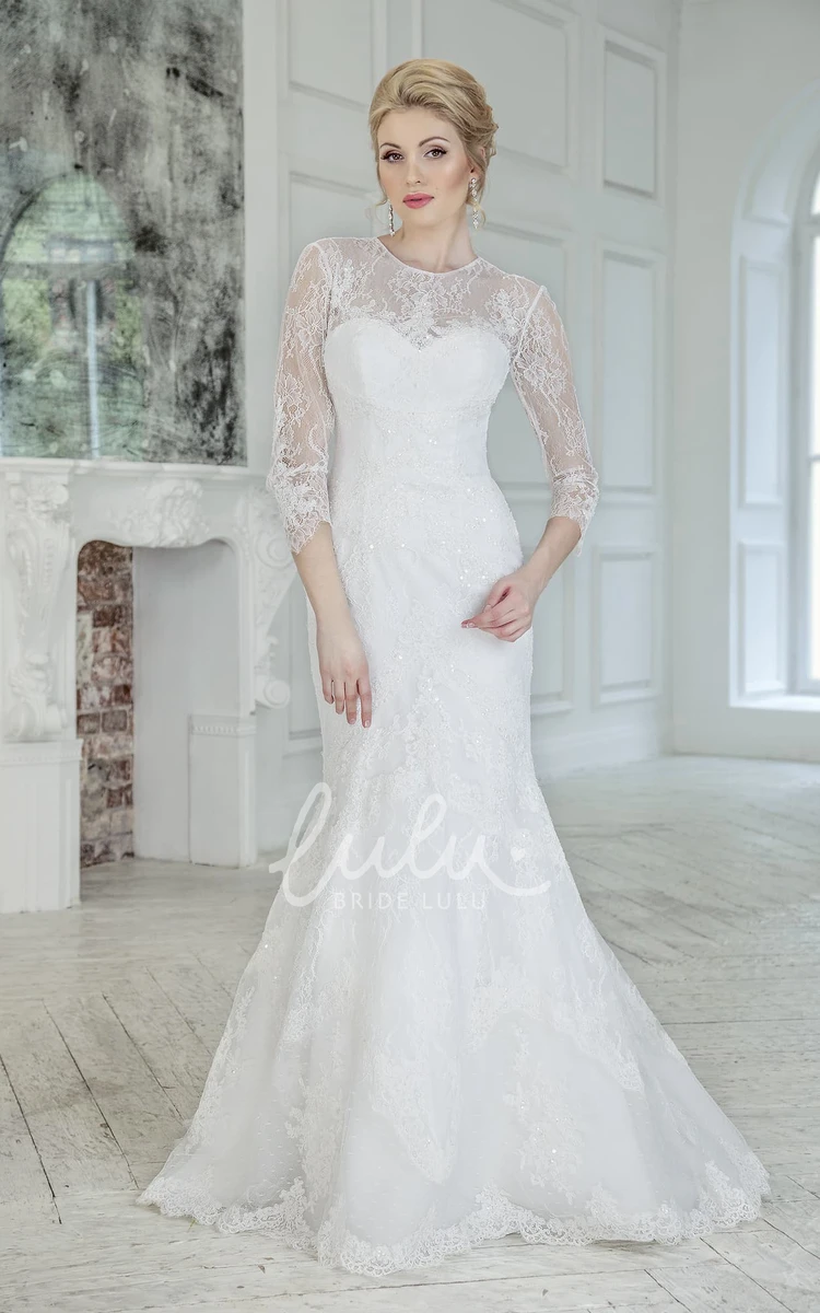 Jewel Lace Mermaid Wedding Dress with Keyhole and 3/4 Sleeves