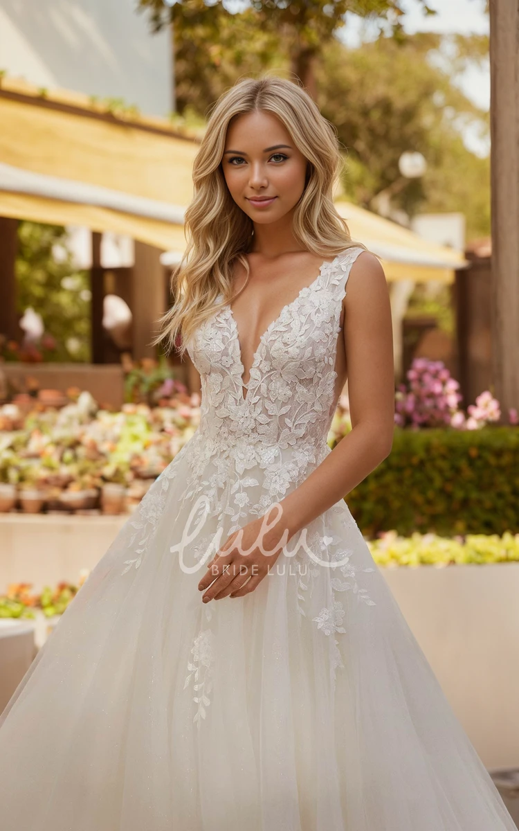 Princess Floral A-Line Bohemian Lace V-Neck Wedding Dress Sexy Elegant Sleeveless Backless 3D Appliques Beach Garden Bridal Gown