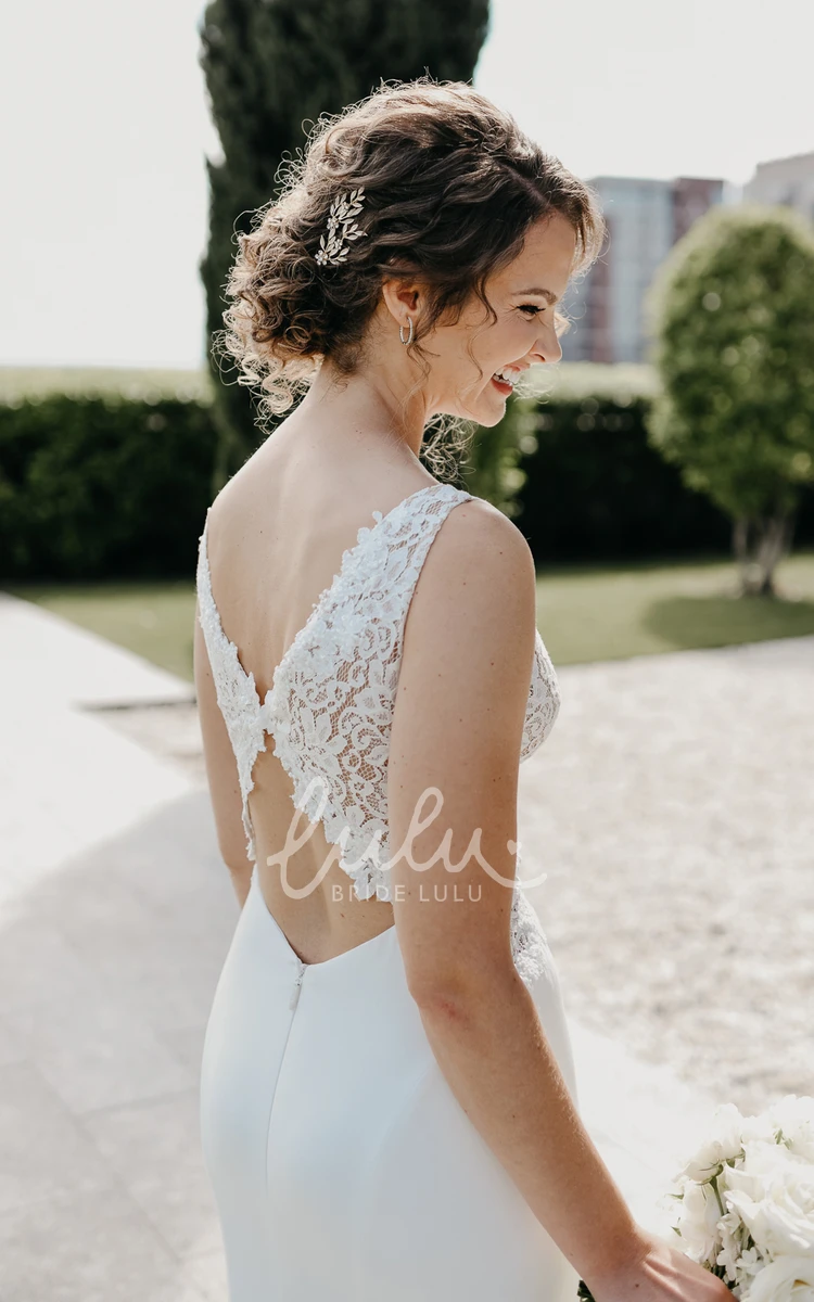 Casual V-Neck Lace Wedding Dress with Illusion Back