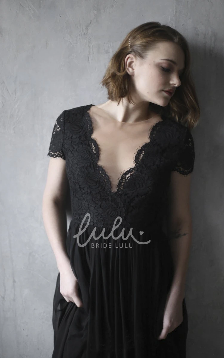 Scalloped V-neck Black Chiffon Wedding Dress with Illusion Back 