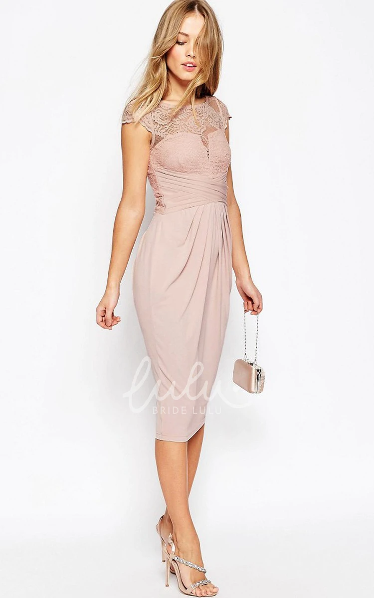 Tea-Length Cap-Sleeve Chiffon Bridesmaid Dress with Appliques Illusion and Pencil Scoop-Neck