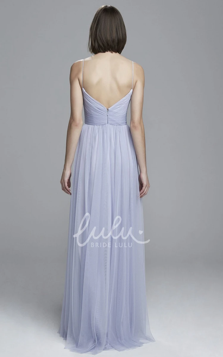 Spaghetti Tulle Bridesmaid Dress with V-Back Pleats and Floor-Length Design