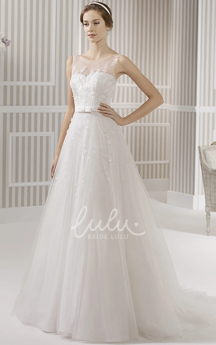 Appliqued Sleeveless A-Line Wedding Dress with Floor-Length Tulle & Satin