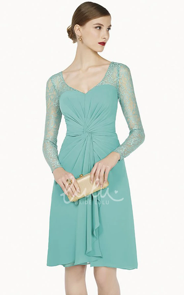 Knee Length Chiffon Prom Dress with V Neck and Long Sleeves