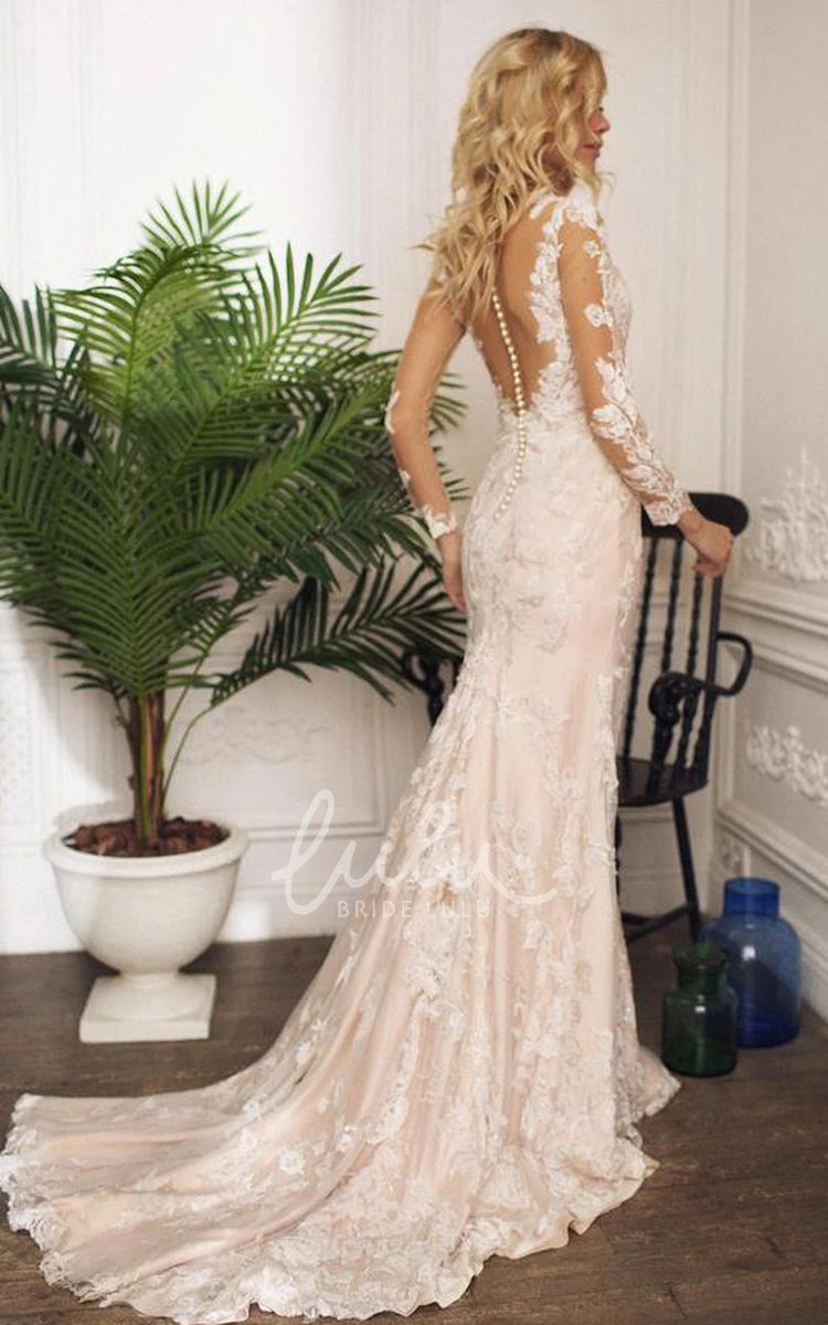 Illusion Long Sleeve Mermaid Wedding Dress with Jewel Neckline and Lace Appliques