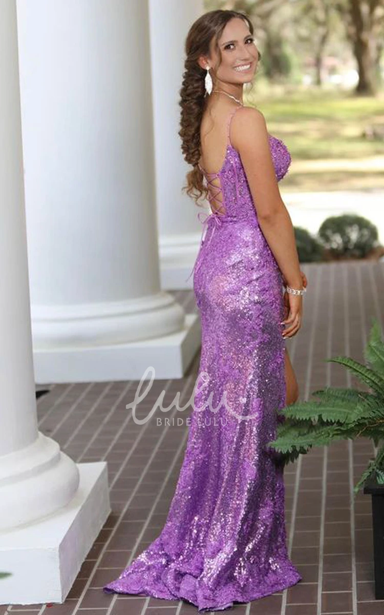 Sexy Spaghetti Sheath Sequins Dress with Open Back and Sweep Train