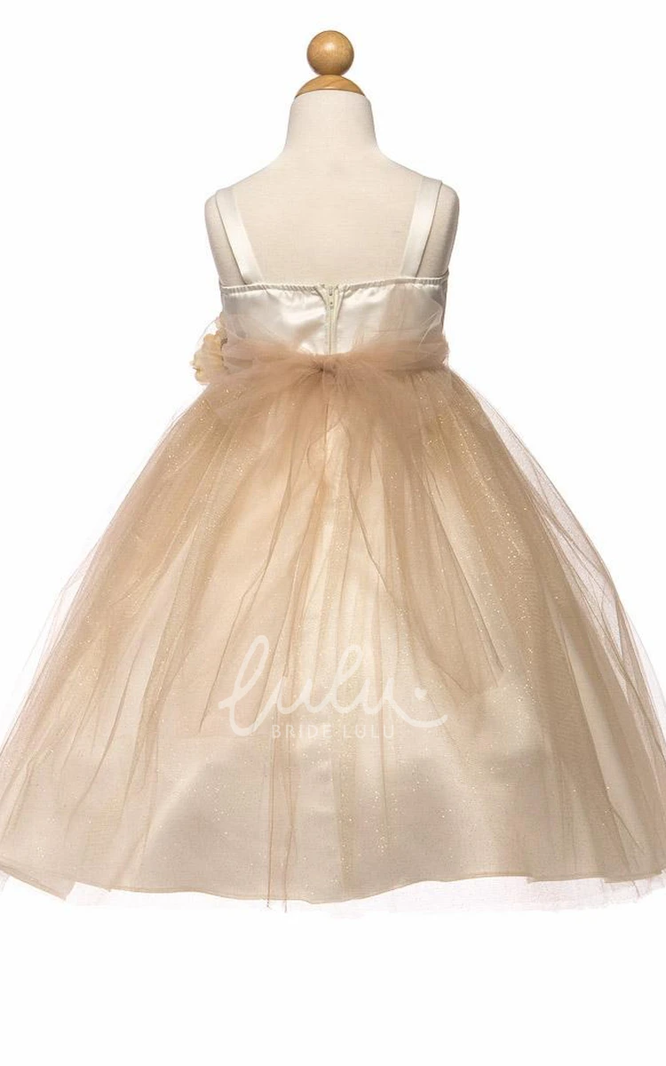 Spaghetti Empire Tea-Length Flower Girl Dress with Tiered Tulle