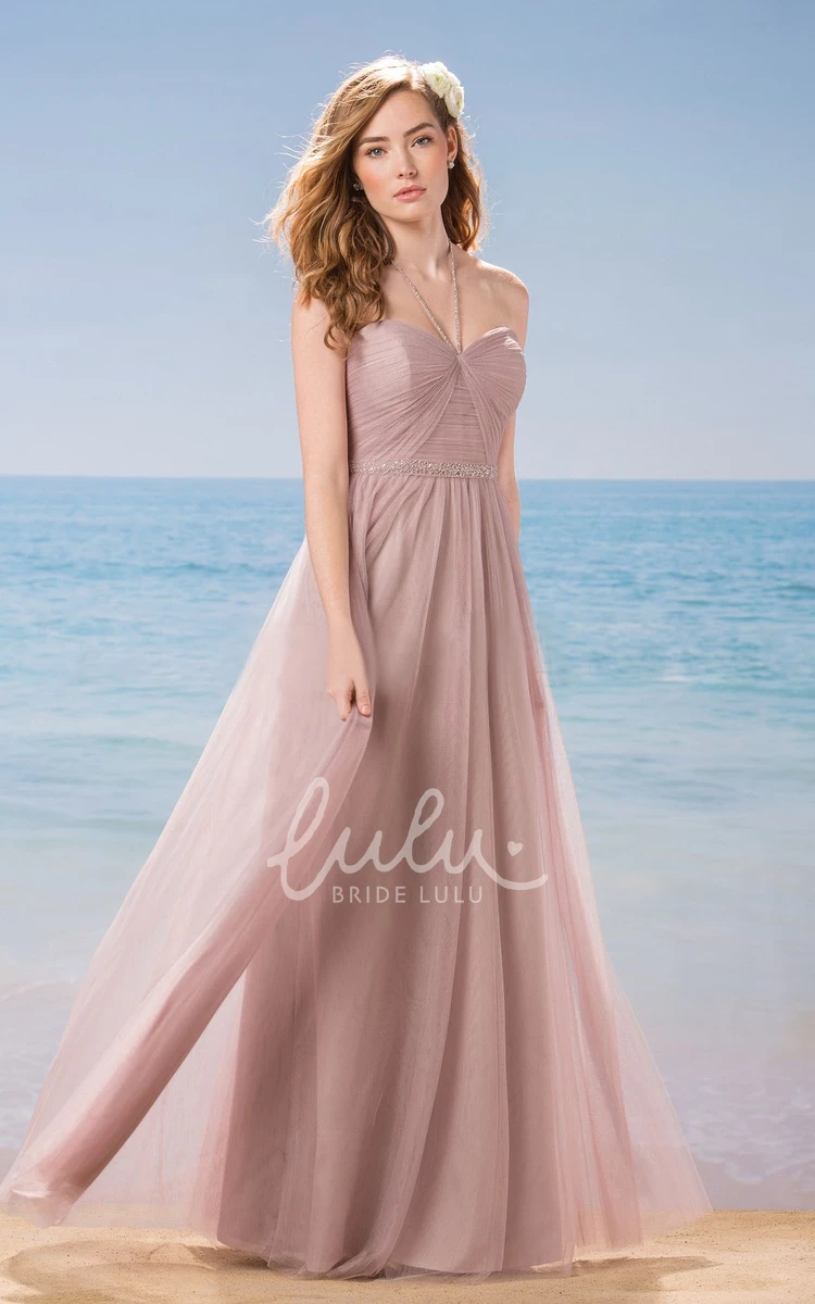 Halter A-Line Long Bridesmaid Dress with Ruching and Sequins Sequined Halter A-Line Bridesmaid Dress Long