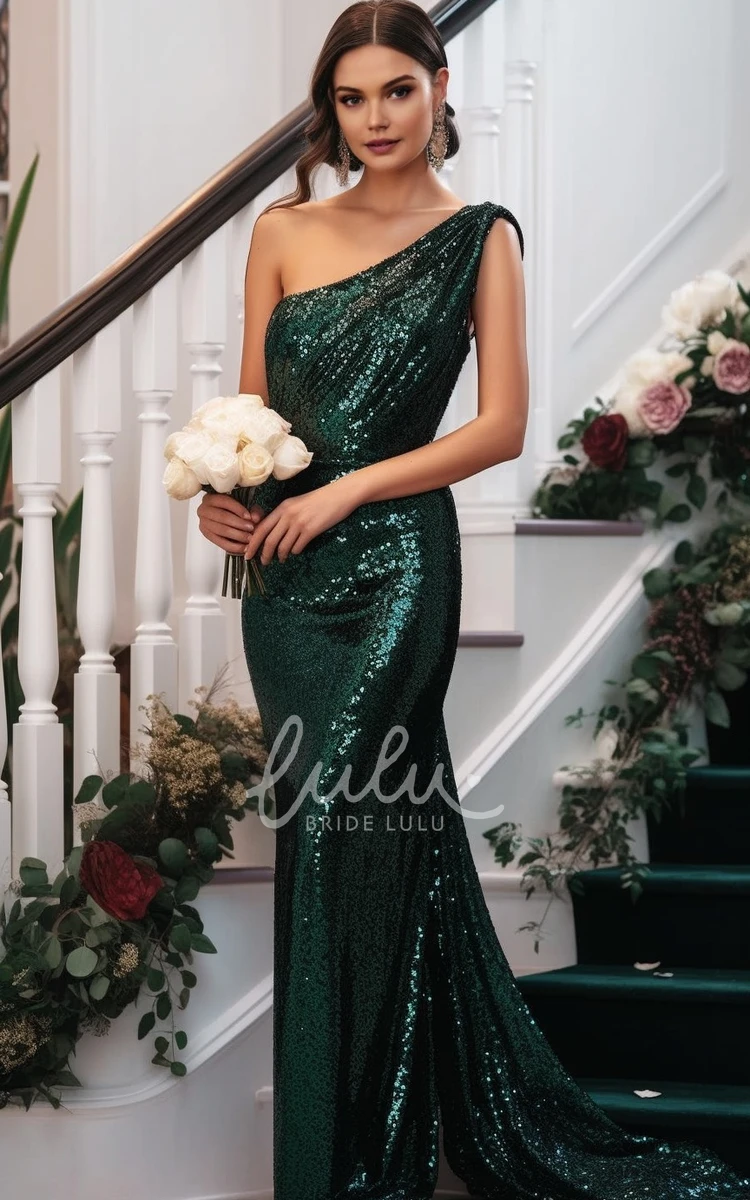 Sequins Mermaid Bridesmaid Dress One-shoulder Sexy Floor-length Train Ethereal 2024