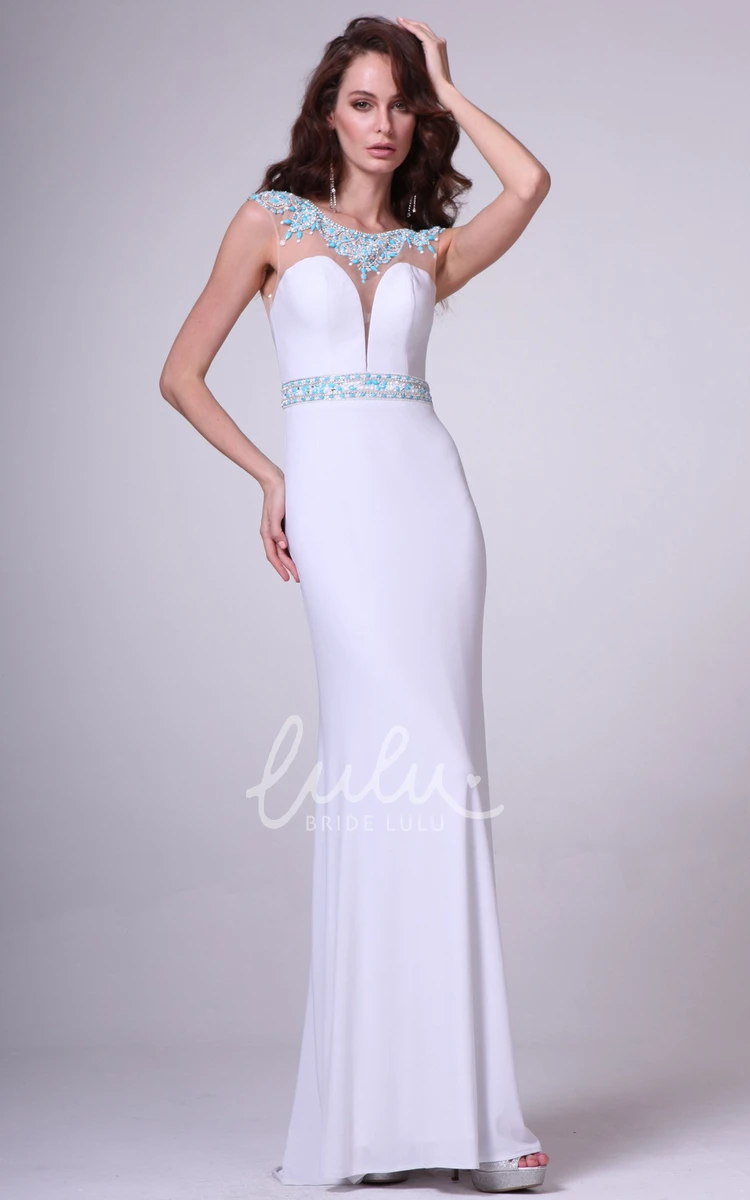 Beaded Sheath Jersey Cap-Sleeve Formal Dress with Keyhole Neckline