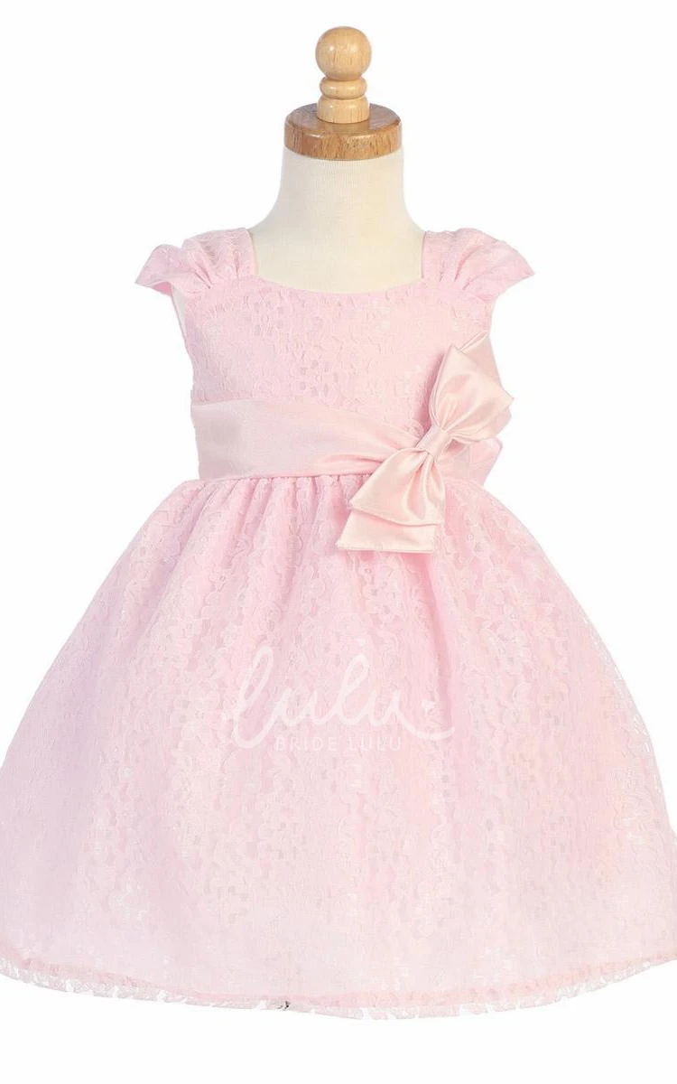 Tiered Lace and Ruched Tulle Flower Girl Dress in Tea-Length