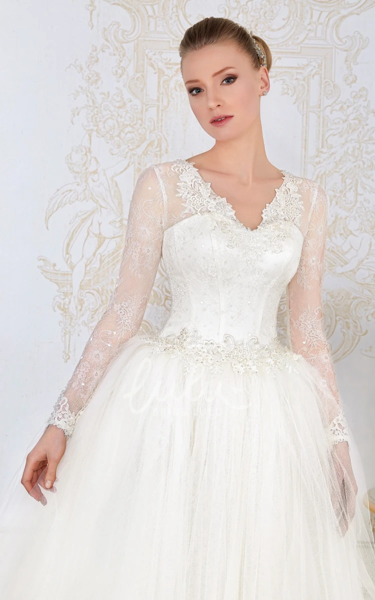 Lace Applique Beaded V-Neck Wedding Dress with Tulle Ball Gown Maxi Sleeves