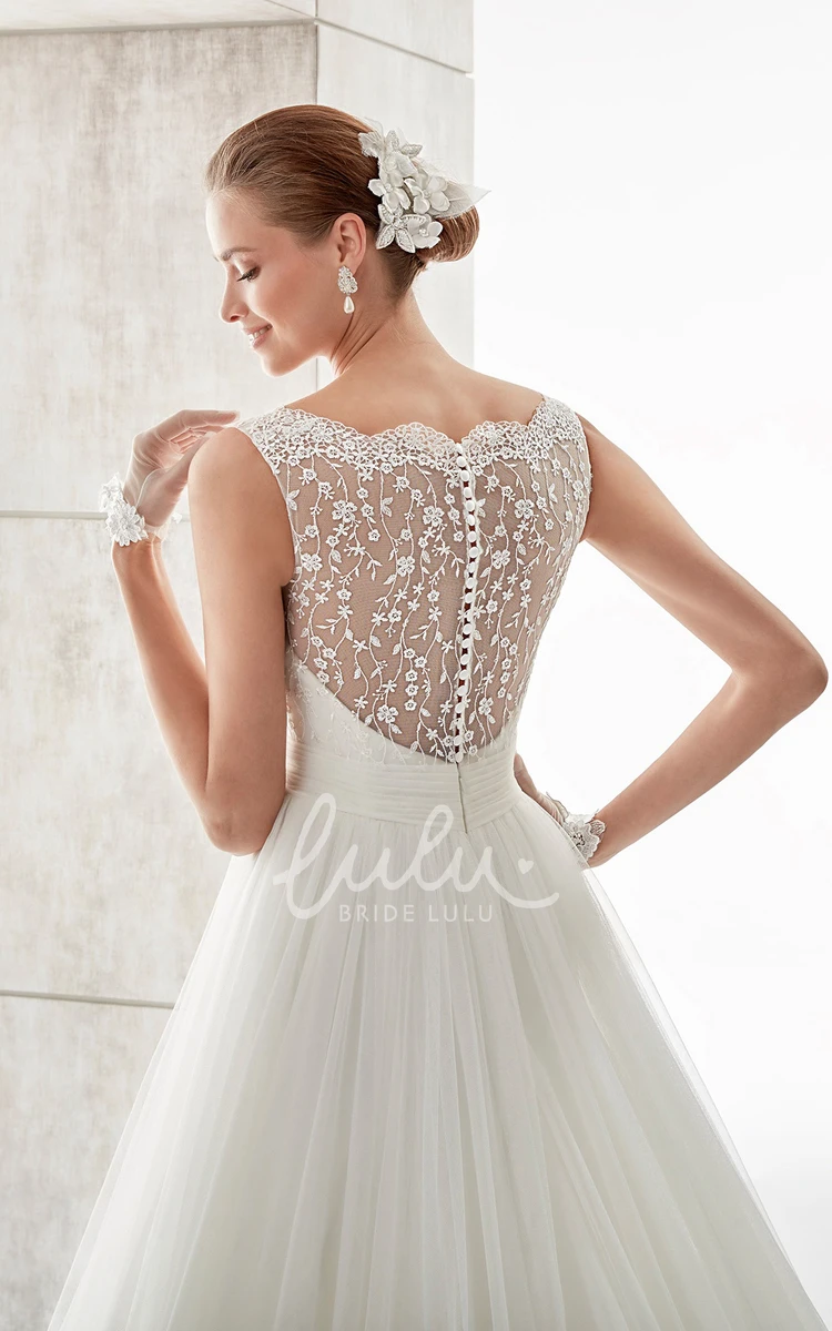 Pleated A-Line Wedding Dress with Cinched Waistband and Scallop Neckline