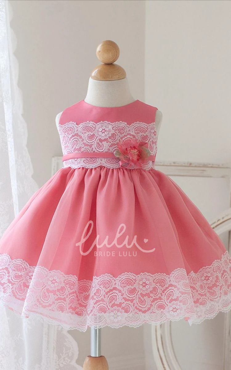 Appliqued Floral Lace and Organza Tea-Length Flower Girl Dress with Sash Modern Dress