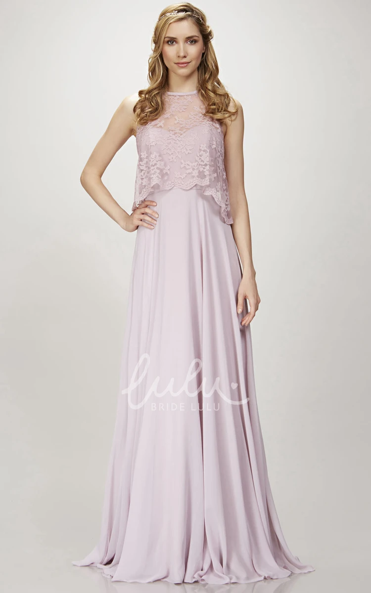 Jewel Neck Chiffon Bridesmaid Dress with Lace and Deep-V Back Classy Bridesmaid Dress