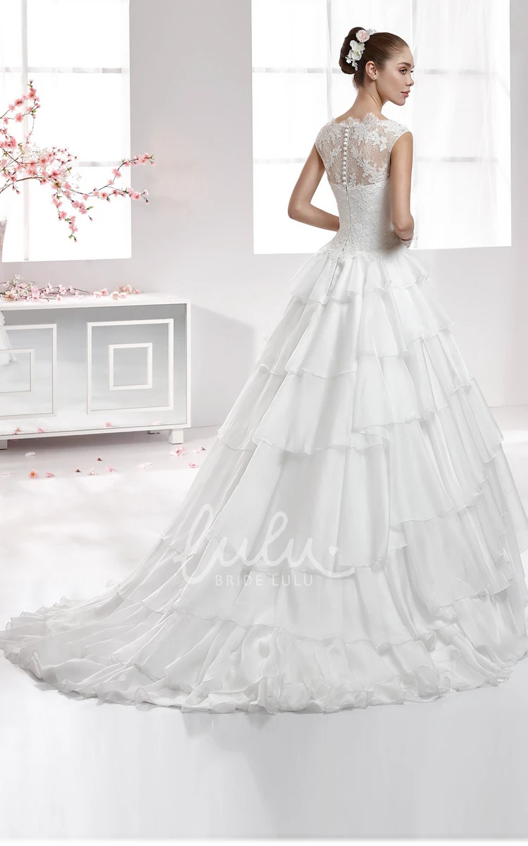 Scalloped Edge Cap-Sleeve A-Line Wedding Dress with Tier Skirt
