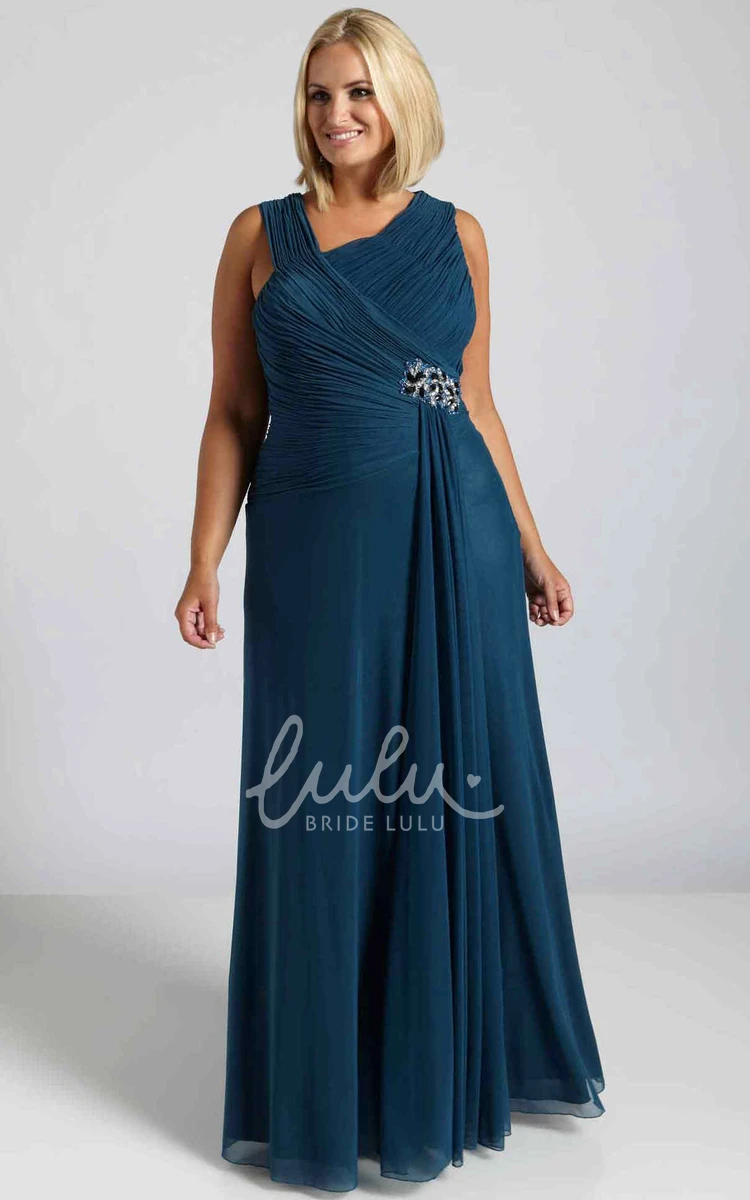 Plus Size Prom Dress Long V-Neck Ruched Chiffon with Broach Sleeveless