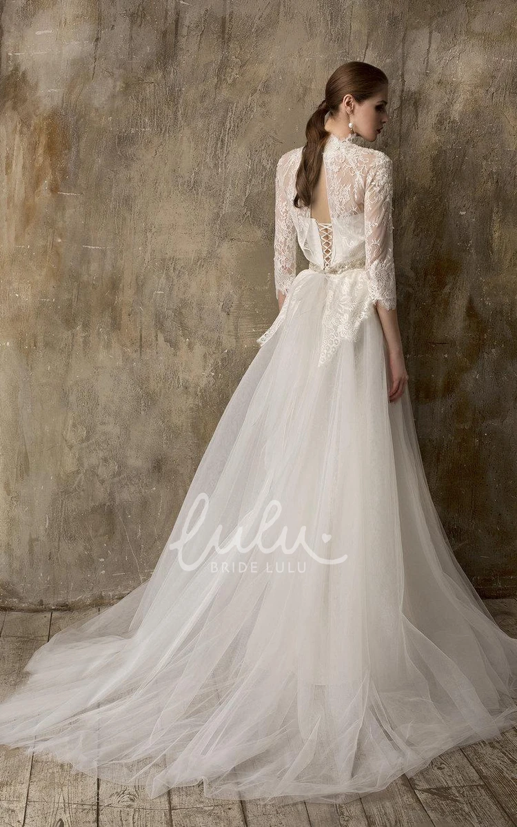 Detachable Tulle Skirt A-Line Tulle Wedding Dress with High Neck and 3/4 Sleeves