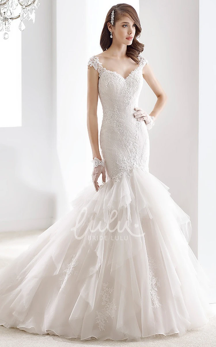 Sheath Wedding Dress with Cap Sleeves and Tier Ruching Train Sweetheart Style