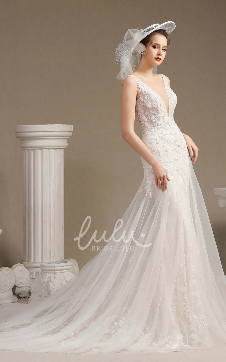 Lace Plunging Mermaid Appliqued Wedding Dress With Chapel Train Classy Elegant Bridal Gown