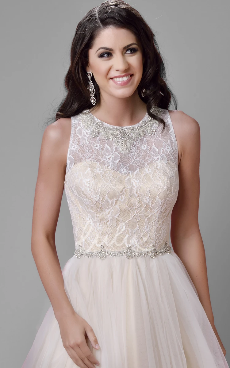 Lace Bodice Tulle A-Line Wedding Dress with Sleeveless Jewel Neck
