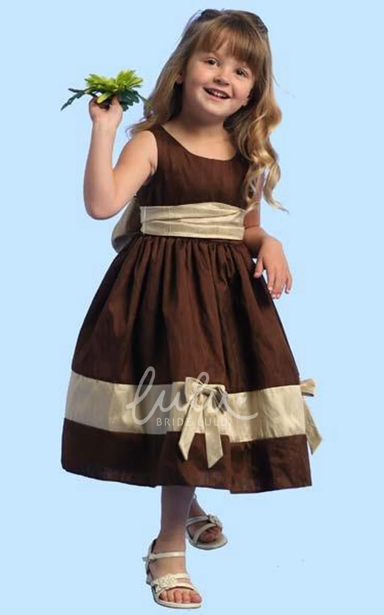 Sleeveless Satin Bowed Flower Girl Dress Tea-Length Bridesmaid Dress