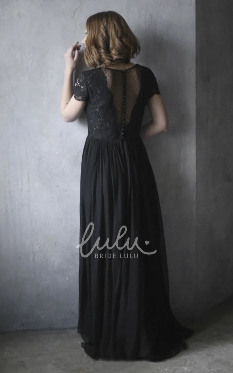 Scalloped V-neck Black Chiffon Wedding Dress with Illusion Back 