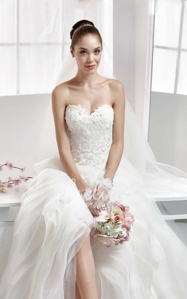 Lace Sweetheart High-Low Wedding Dress with Ruffled Skirt