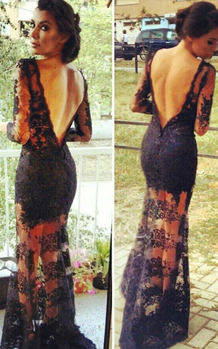 Elegant Lace Sleeve Deep V-Back Prom Dress for Women