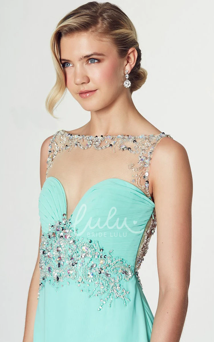 Sleeveless Chiffon Prom Dress with Bateau Neck and Criss-Cross Floor-Length