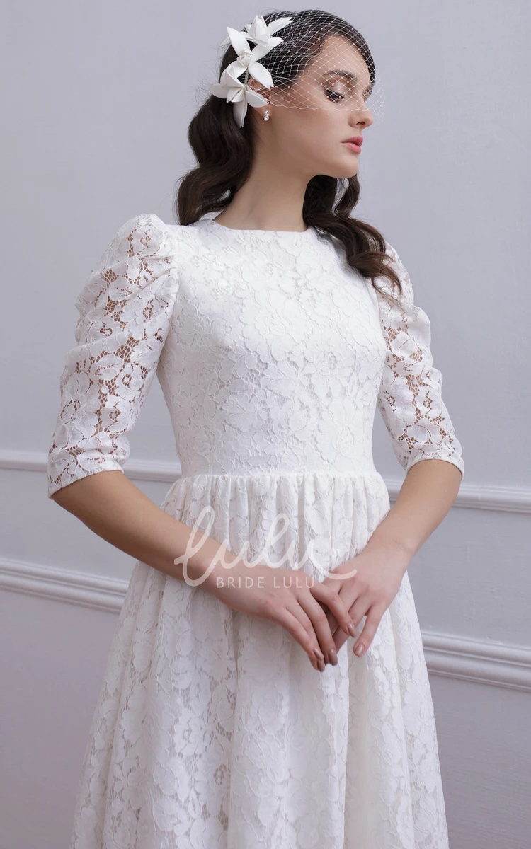 Half Sleeve Lace A Line Wedding Dress with Tea-length and Ruching Vintage Style