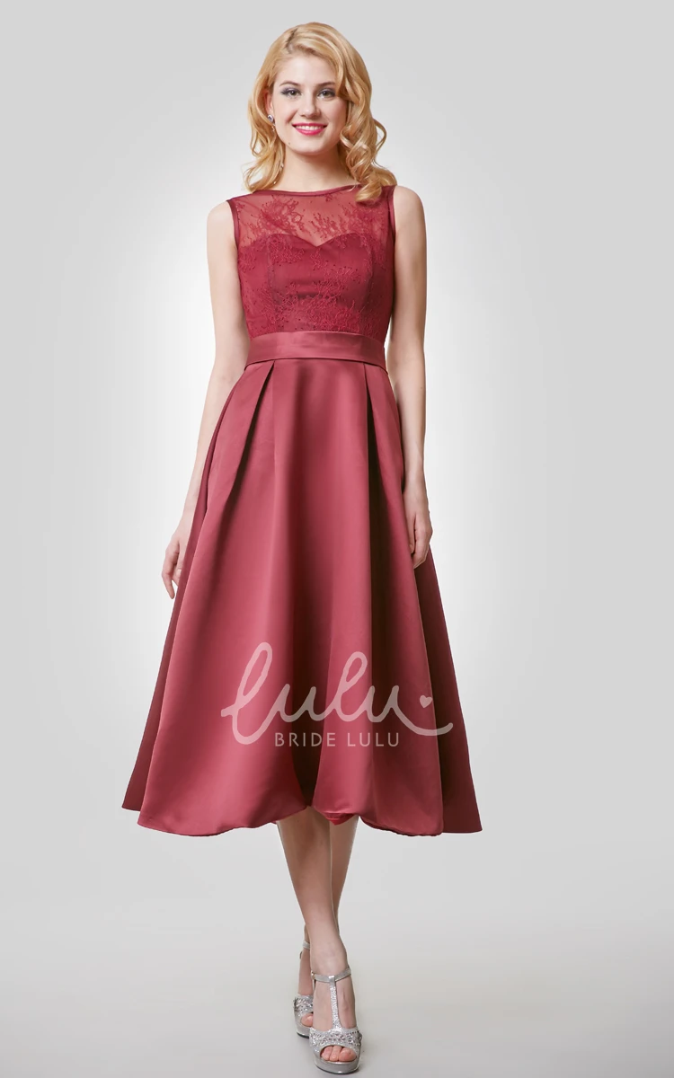 Satin Tea Length Bridesmaid Dress A-Line with Lace Bodice and Scoop Neck