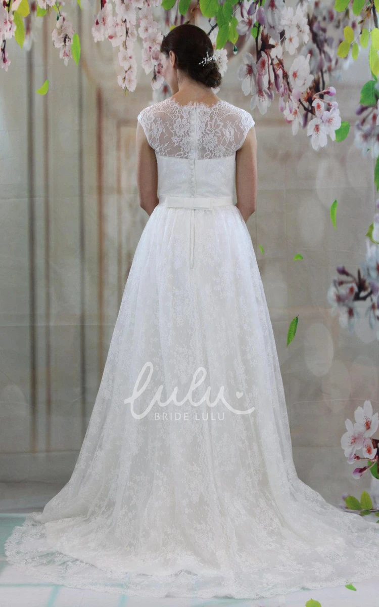 A-Line Lace Wedding Dress with Court Train and High Neckline