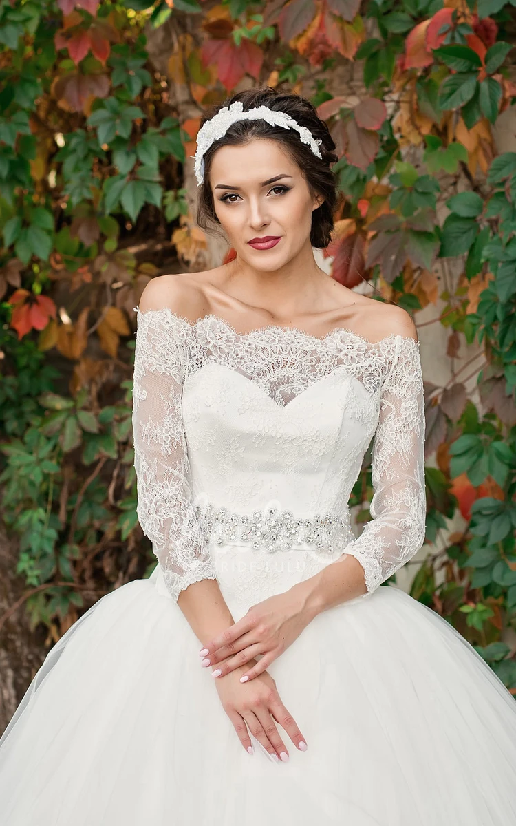 Off-The-Shoulder Lace Tulle Ball Gown Dress with Appliques and Beading