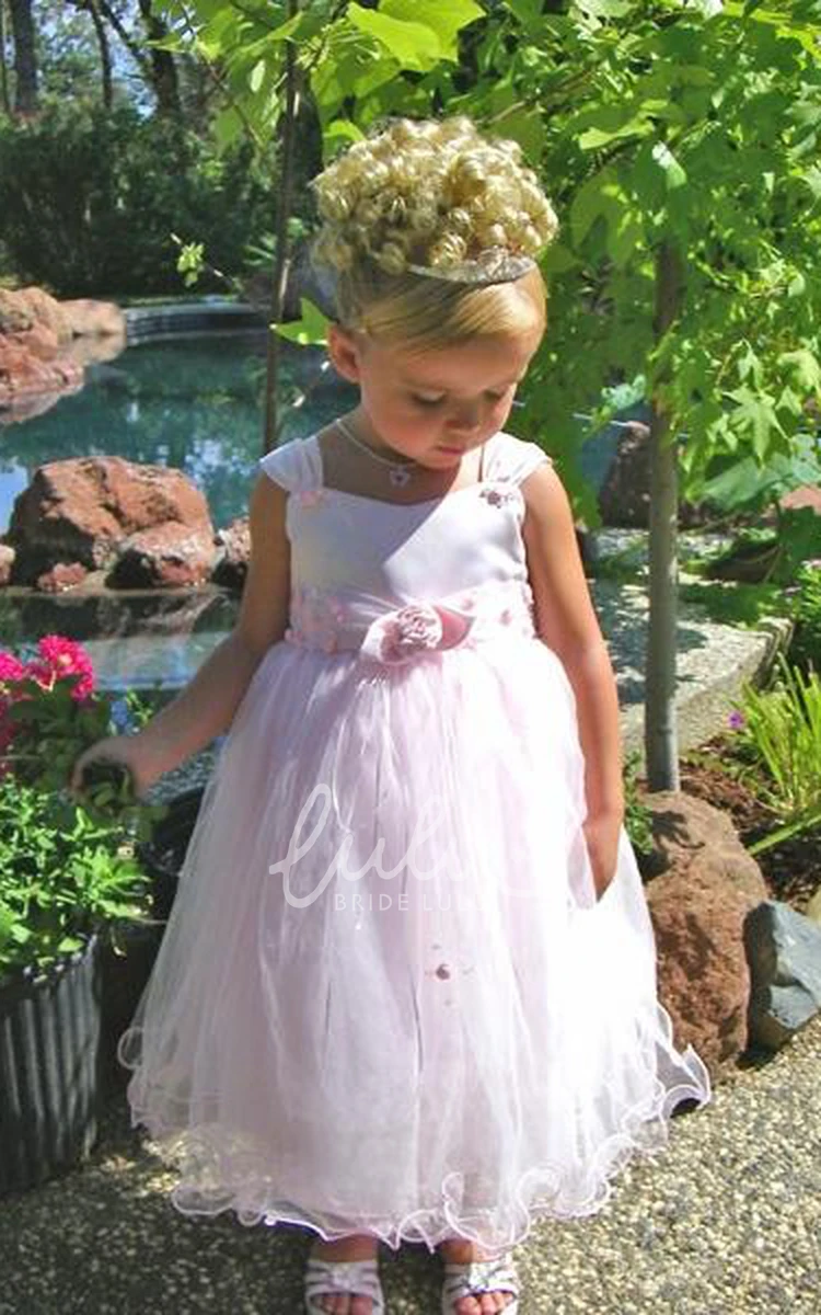 Floral Tulle and Satin Tea-Length Flower Girl Dress Simple Dress for Girls