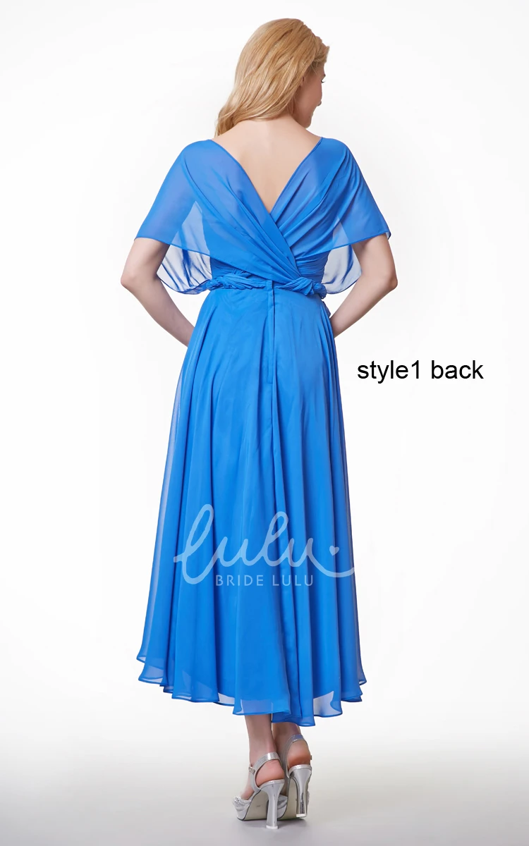 High Low Chiffon Bridesmaid Dress with Ruffles and Sash Short Sleeve