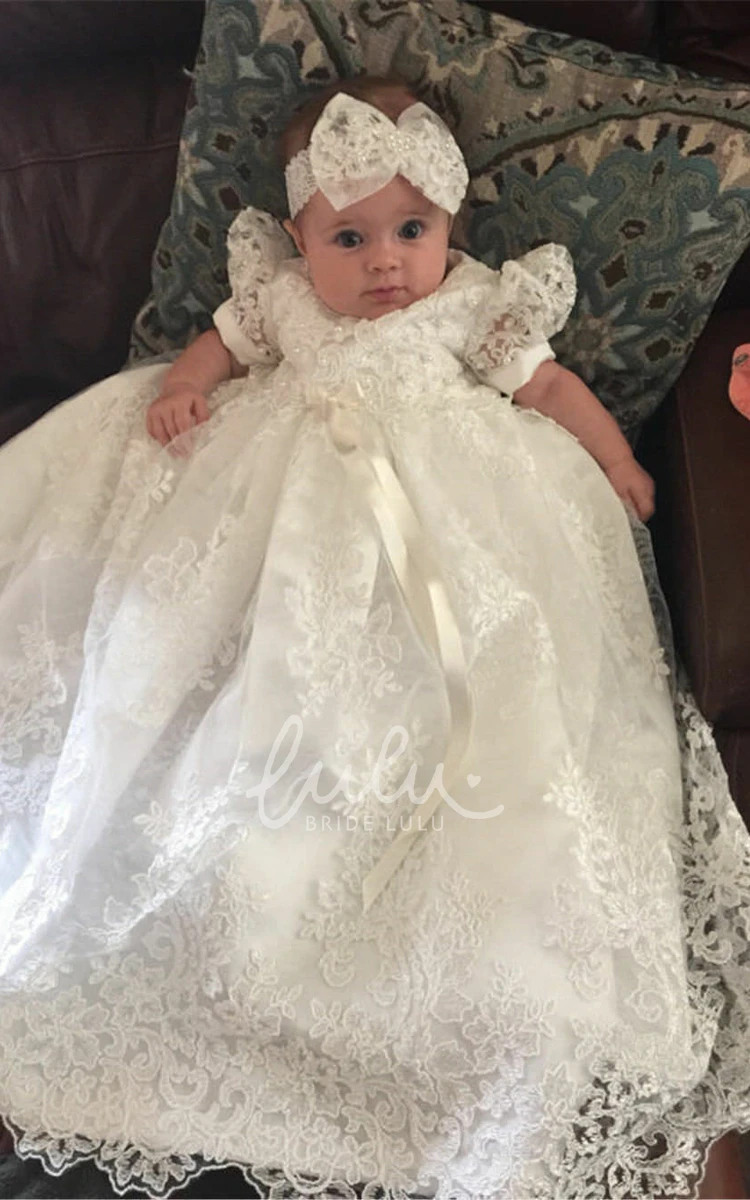 Lace Christening Gown with Beading and Bow Elegant Christening Dress