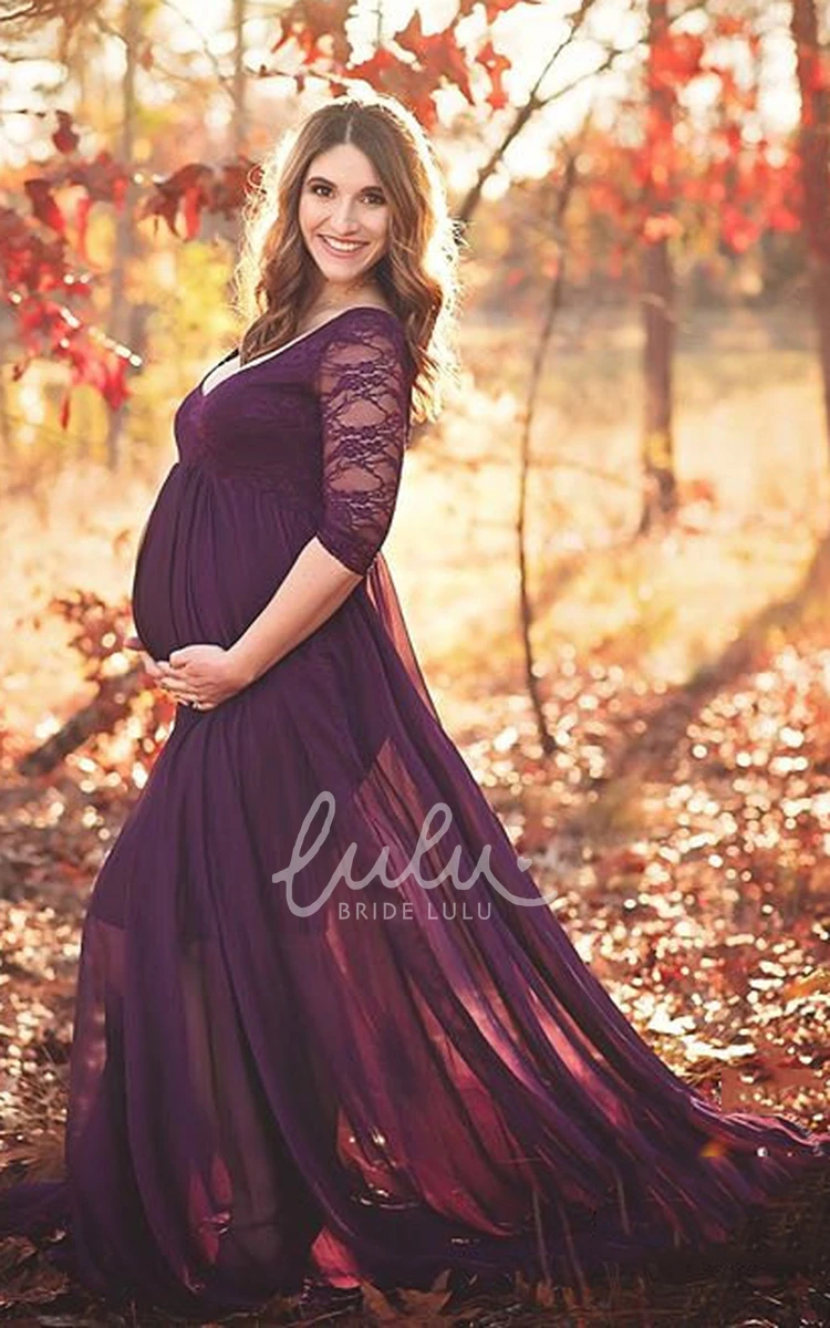 Long Sleeve Maternity Dress with A-Line Sweep Train and Empire Waist