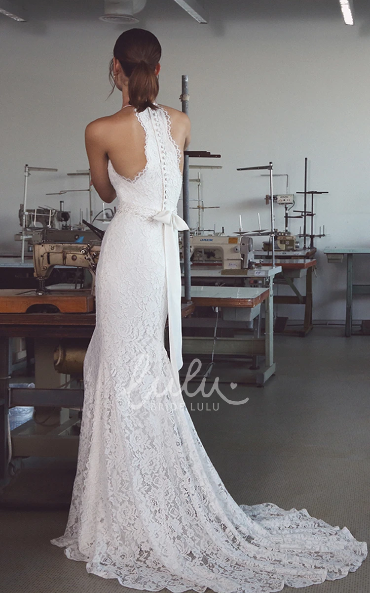 Halter Lace Bridal Gown with Bow and Sweep Train