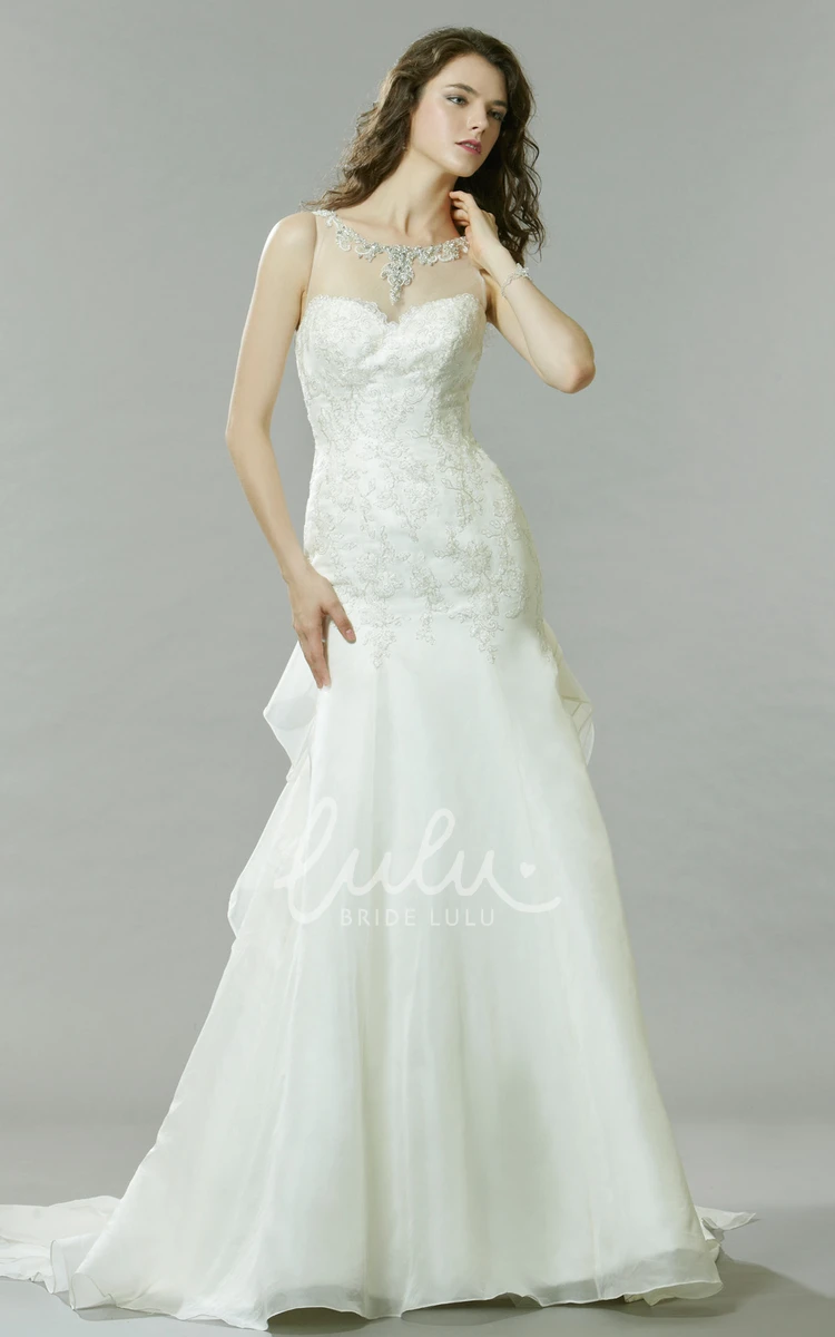 Beaded Trumpet Sleeveless Wedding Dress with Ruffles Long Bridal Gown