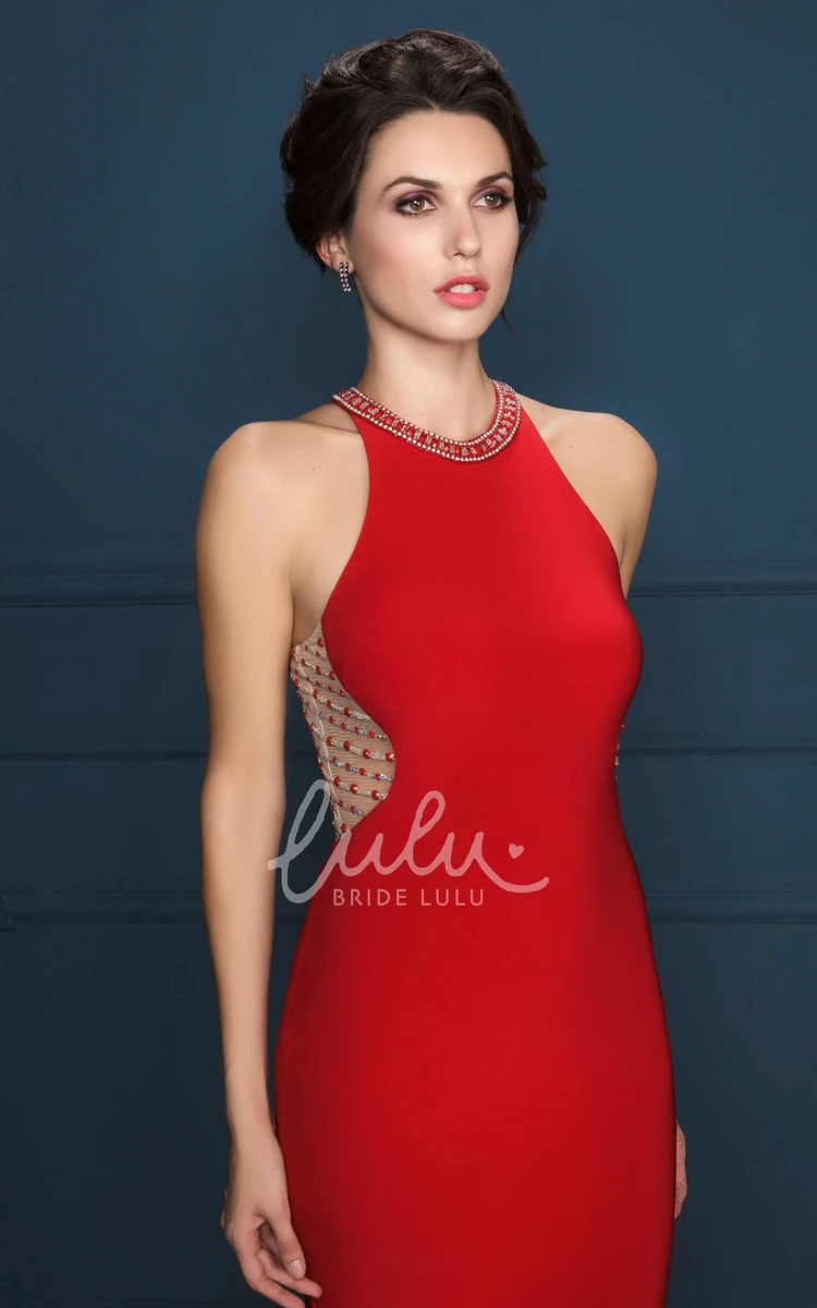 Long Scoop-Neck Sheath Beaded Evening Dress